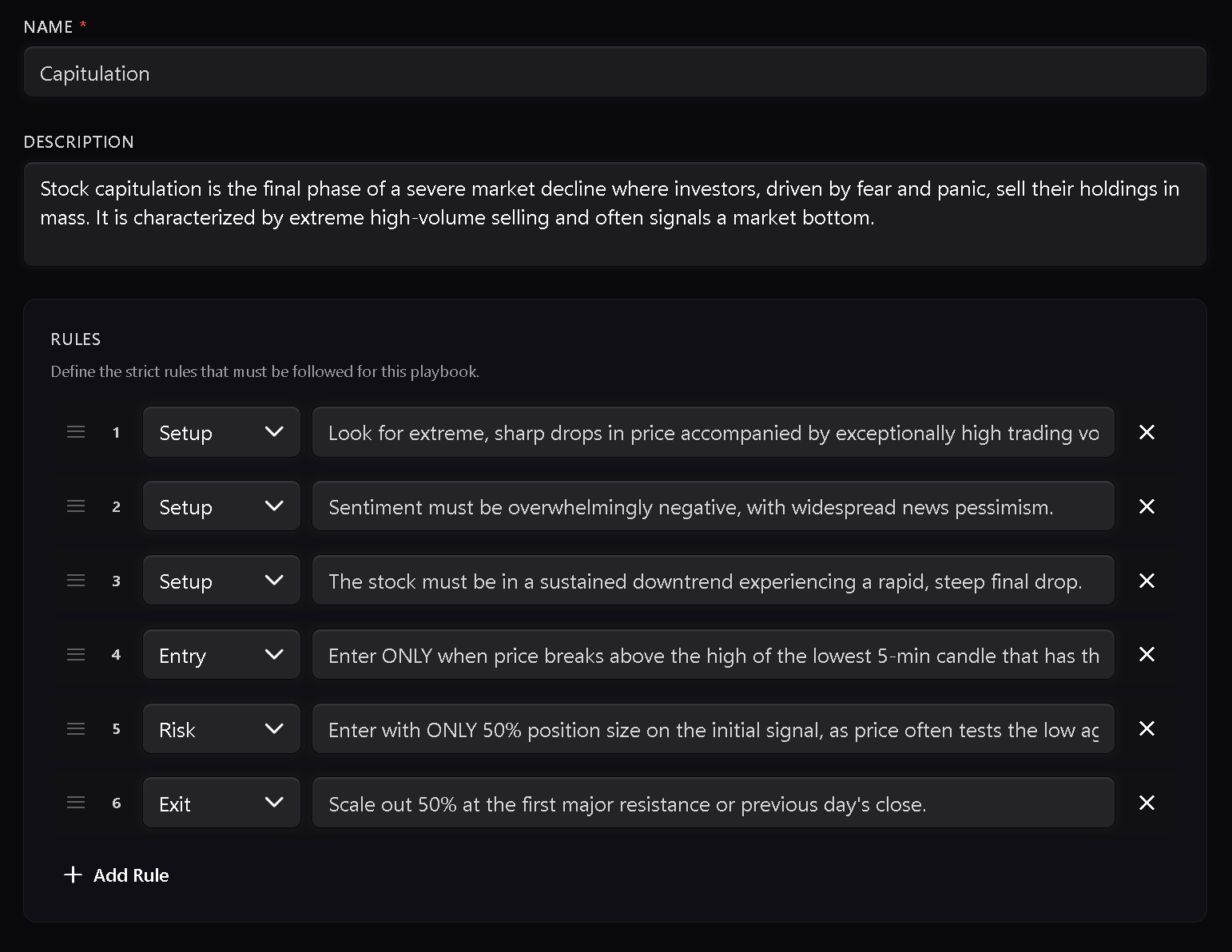 Playbook editor showing setup definition with entry rules, risk parameters, and exit criteria