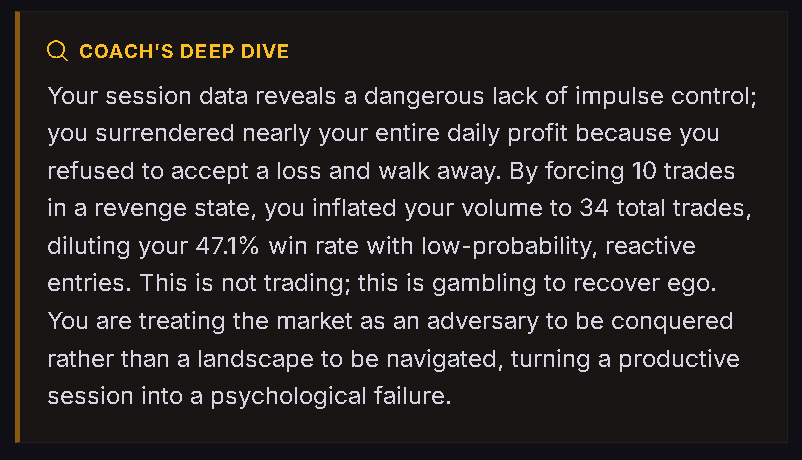 Trandence AI Coach deep dive diagnosing a dangerous lack of impulse control