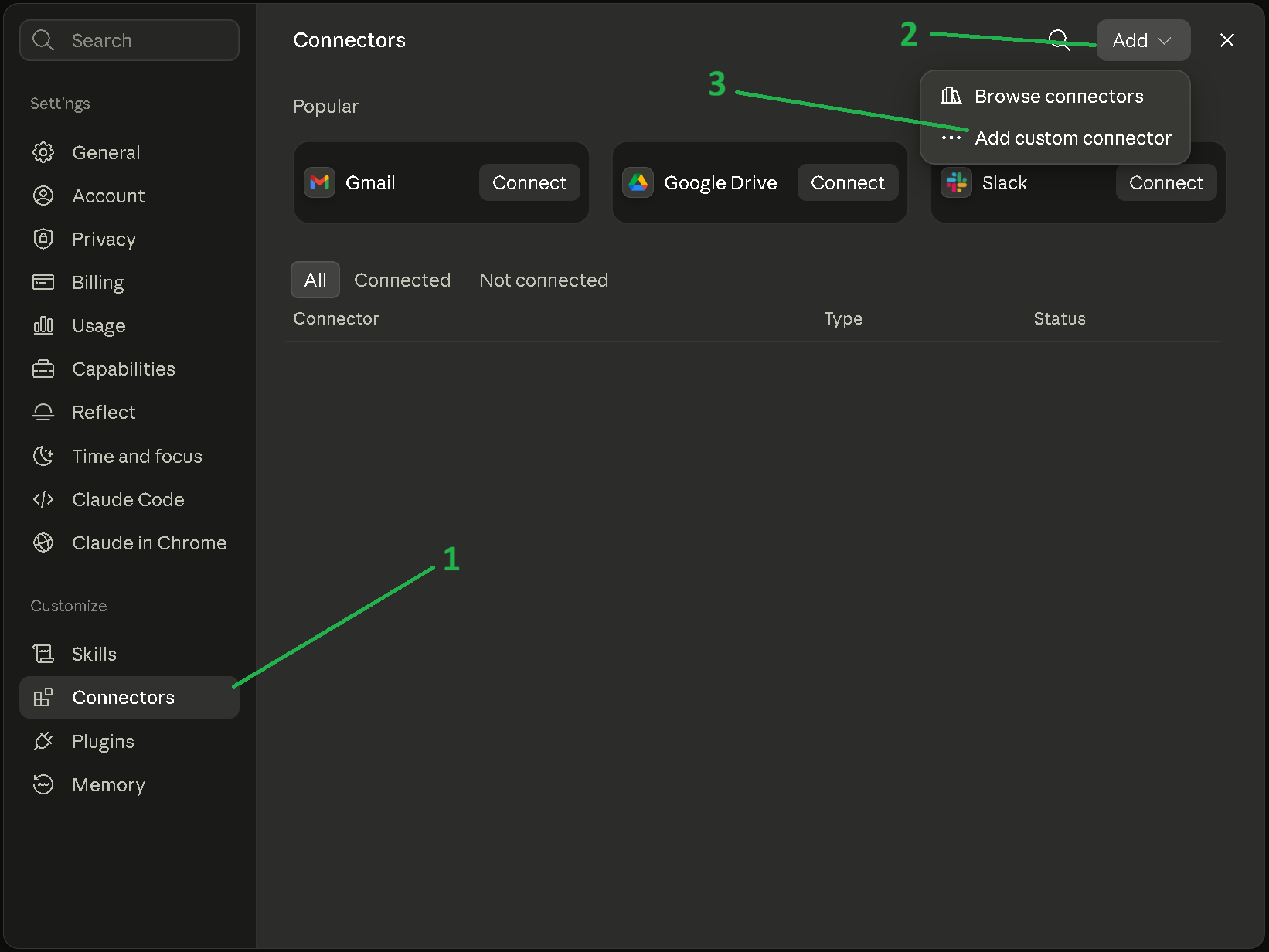 Claude settings showing the Connectors section, the Add button and the Add custom connector option