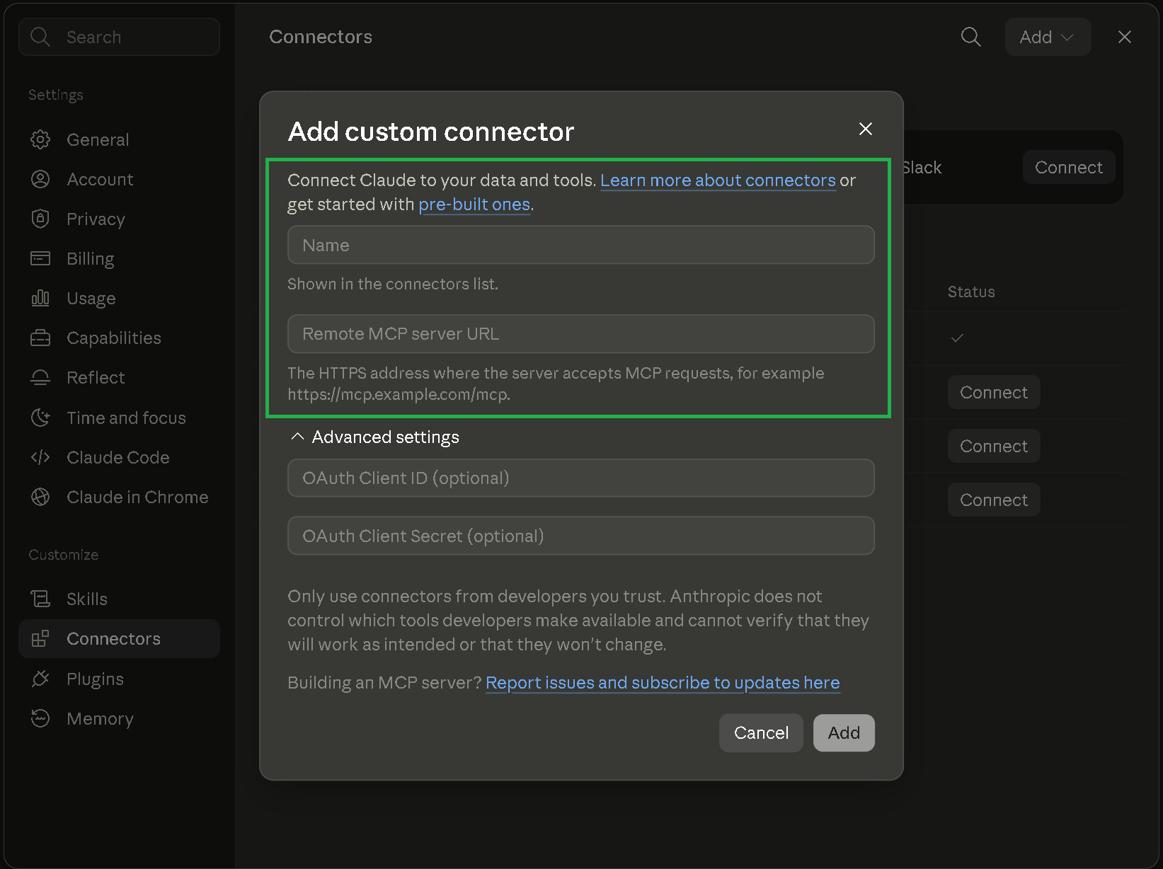 Add custom connector dialog with the Name and Remote MCP server URL fields, and the optional OAuth fields left empty
