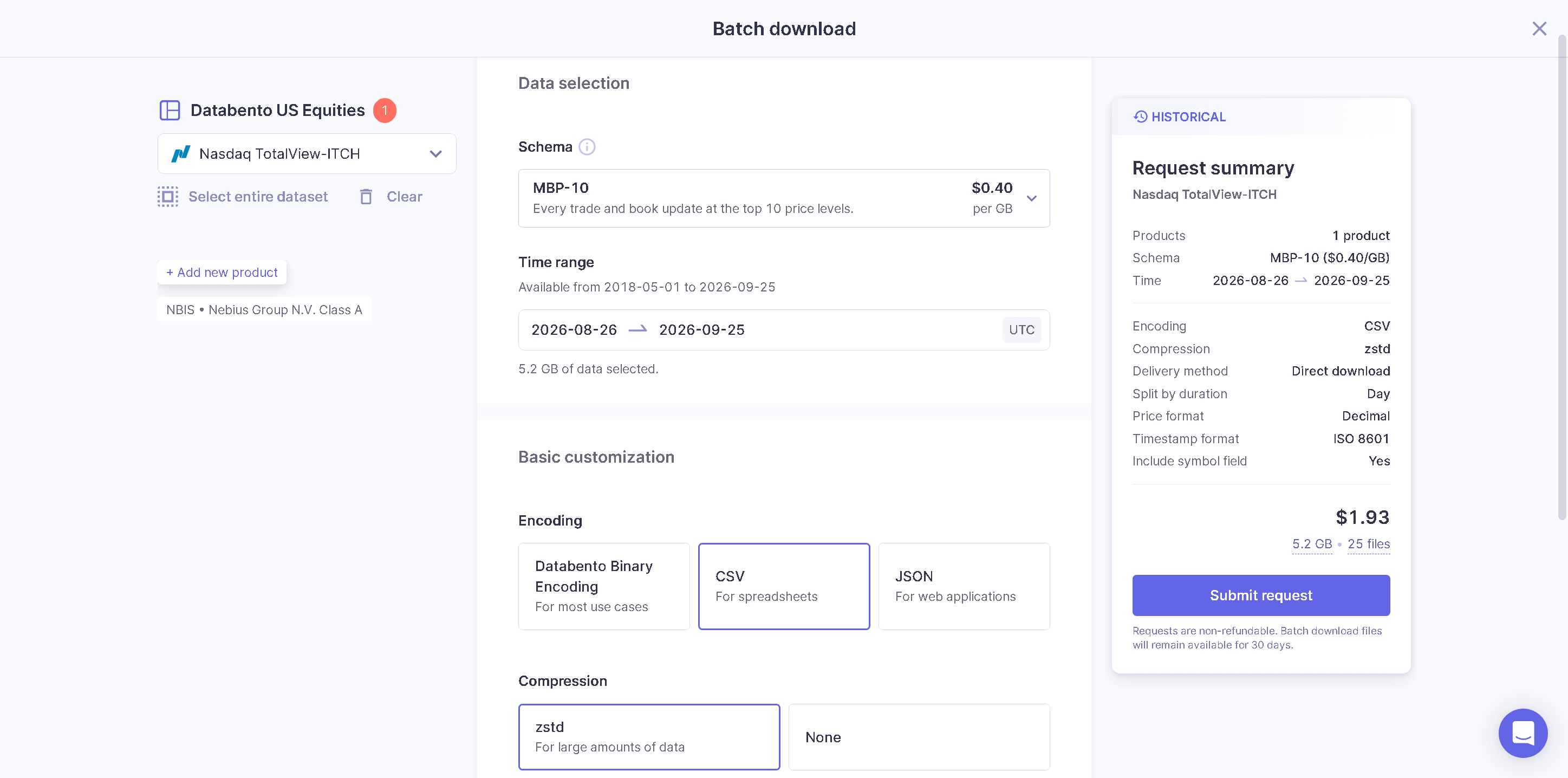 Databento Batch download dialog with the MBP-10 schema, CSV encoding and zstd compression selected, and the request summary with the Submit request button